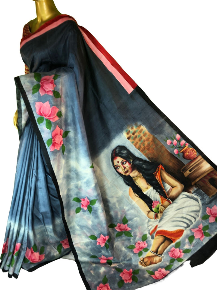 Dark Gray Color Pure Bishnupur Katan Silk with Hand Painted Canvas of Uma