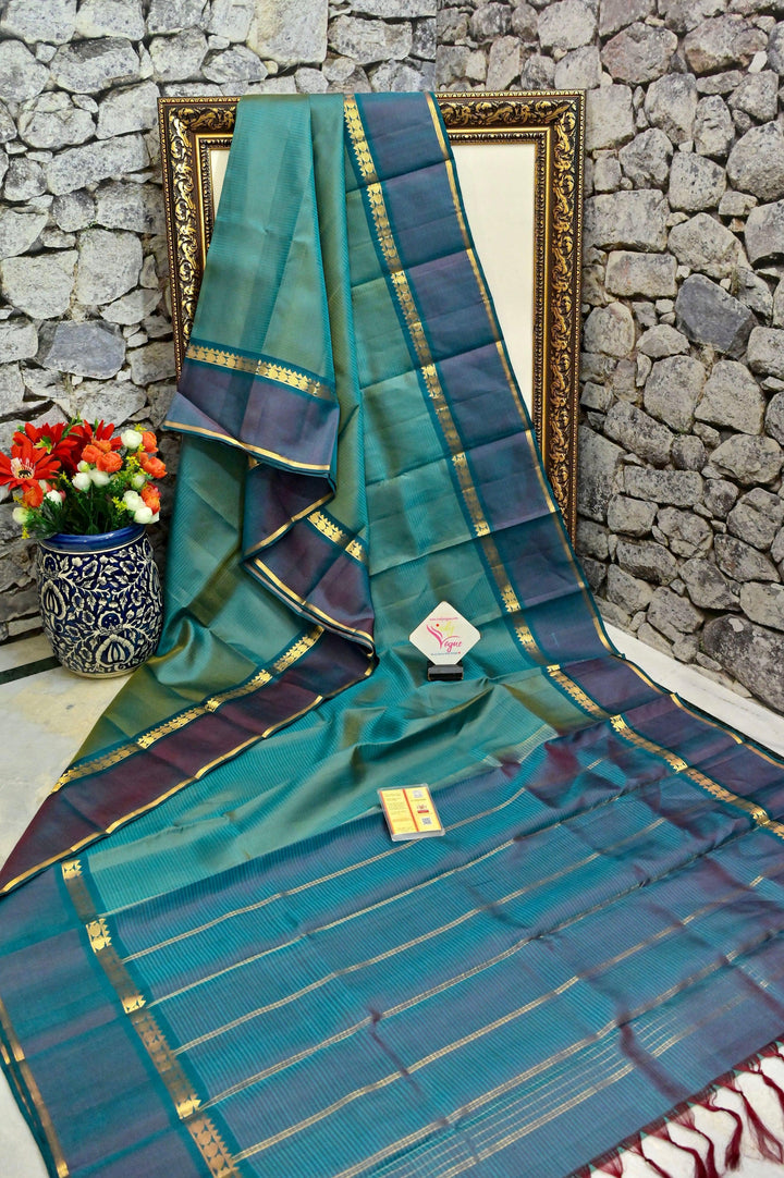 Dark Green and Golden Dual Tone Kanjeevaram Silk Saree with Stripes