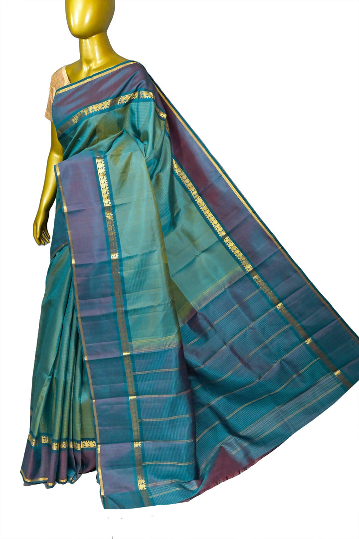 Dark Green and Golden Dual Tone Kanjeevaram Silk Saree with Stripes