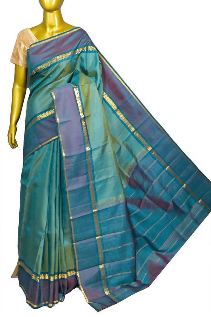 Dark Green and Golden Dual Tone Kanjeevaram Silk Saree with Stripes
