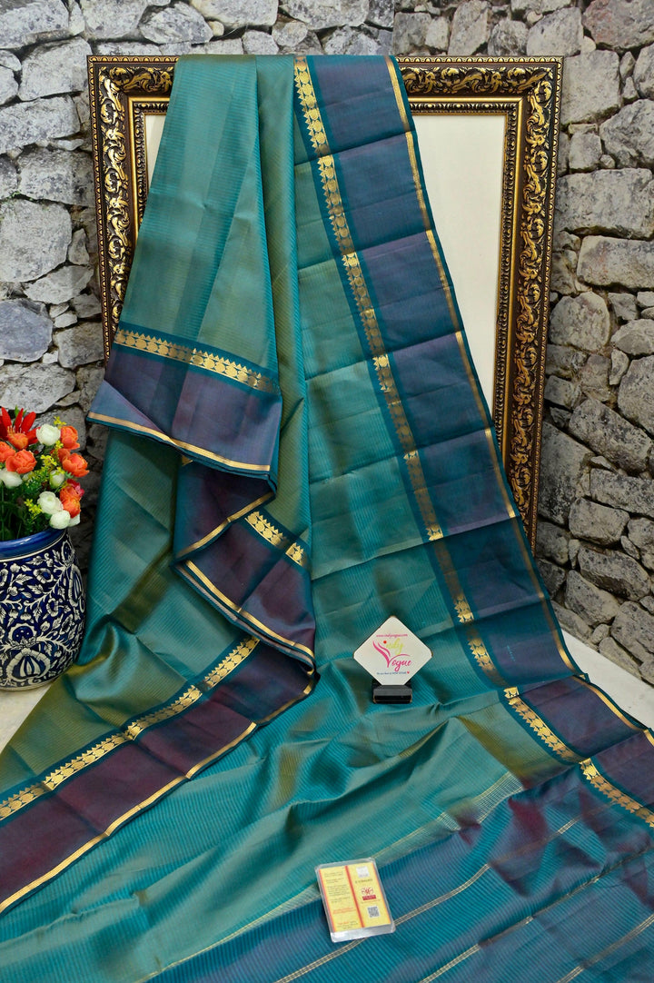 Dark Green and Golden Dual Tone Kanjeevaram Silk Saree with Stripes