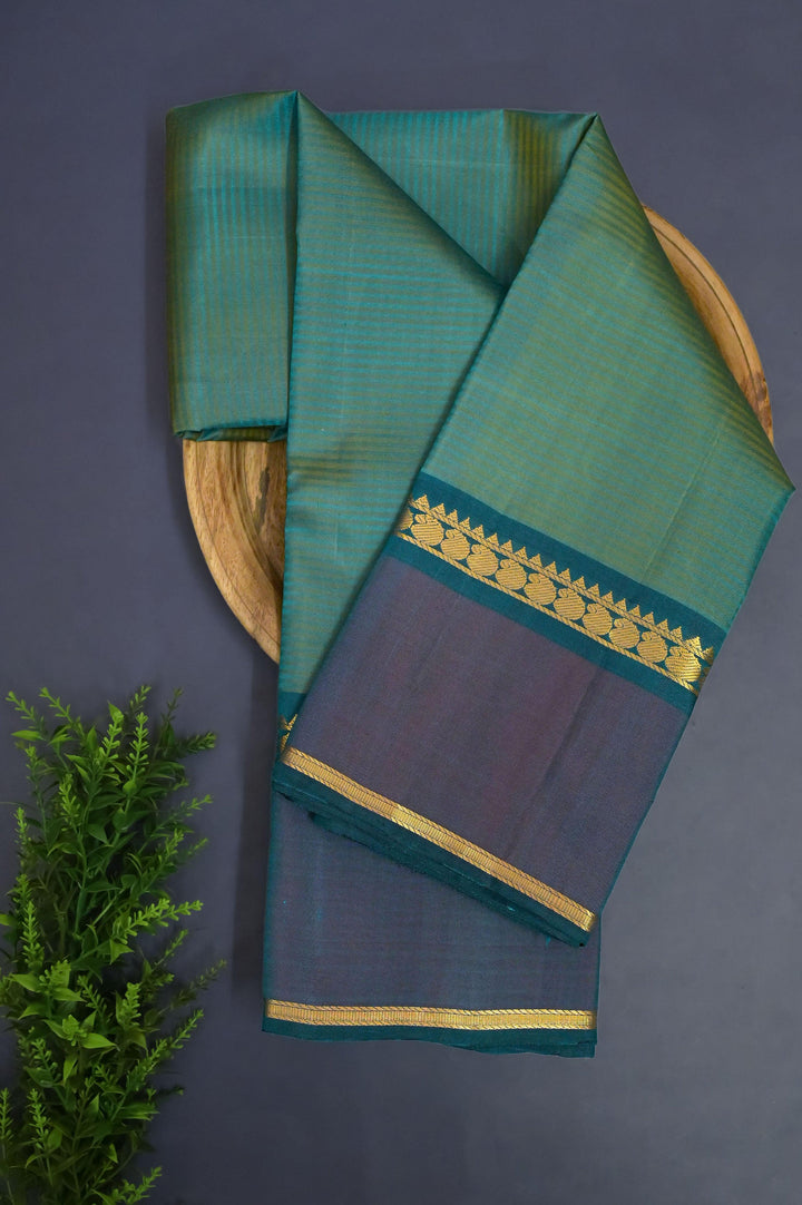 Dark Green and Golden Dual Tone Kanjeevaram Silk Saree with Stripes