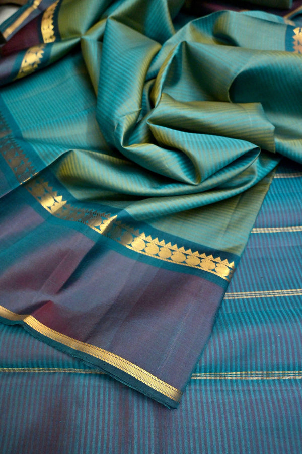 Dark Green and Golden Dual Tone Kanjeevaram Silk Saree with Stripes