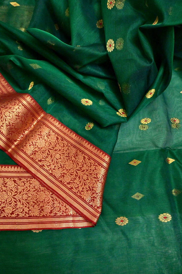 Dark Green and Red Color Chanderi Banarasi Saree with Meenakari