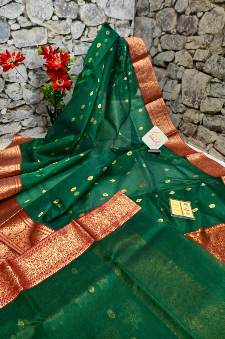 Dark Green and Red Color Chanderi Banarasi Saree with Meenakari