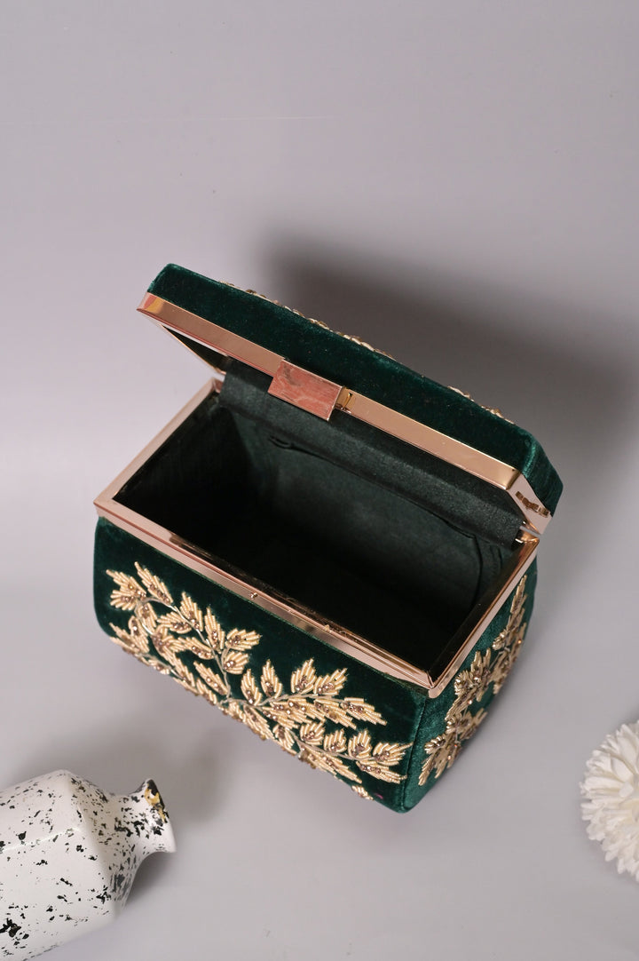 Dark Green Color Velvet Box Clutch Bag with Hand Zardosi Work
