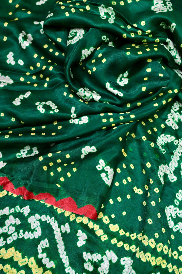 Dark Green Ghazi Silk Bandhani Saree with Contrast Border