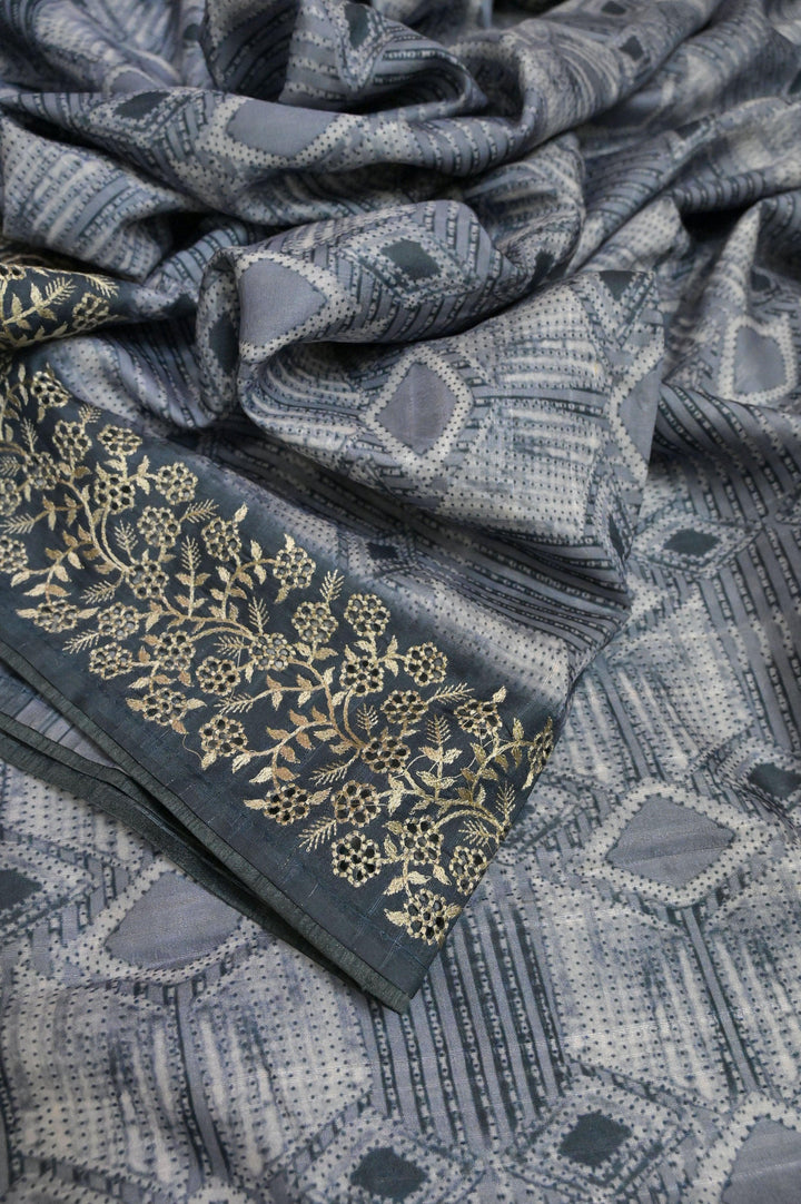 Dark Grey Color Bhagalpuri Silk with Shibori Print and Embroidery Work