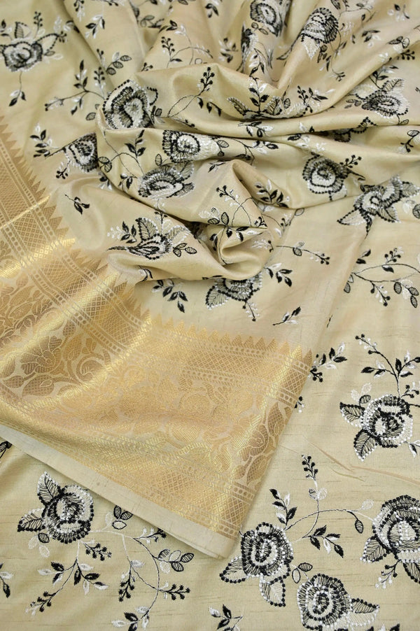 Dark Ivory Color Soft Silk Saree with Embroidery Work and Golden Border