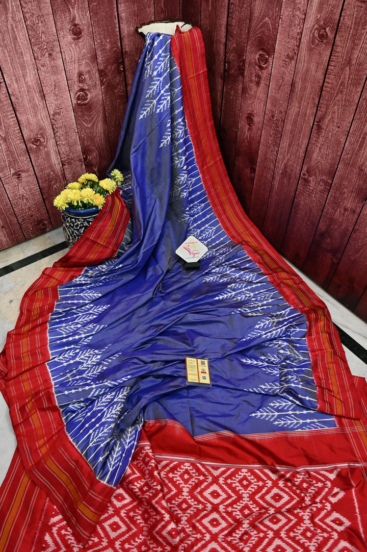 Dark Lavender and Red Color Pure Ikat Silk Saree
