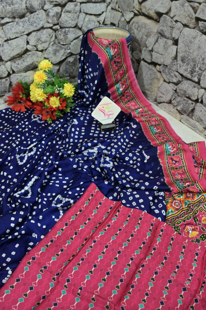 Dark Midnight Blue Color Modal Silk with Patola Print and Heavy Pallu with Mirror Work