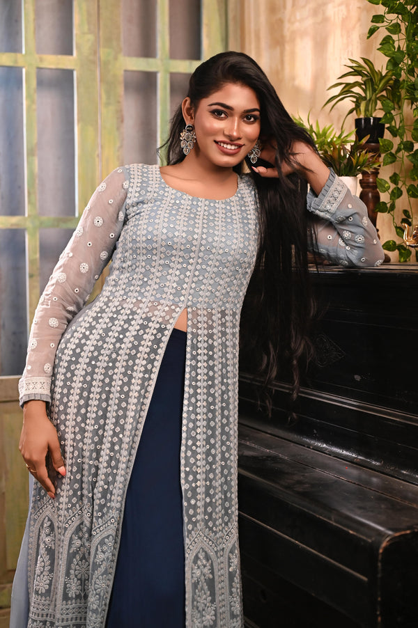 Dark Navy Blue and Steel Blue Georgette Skirt and Blouse with Chikankari Embroidered Front-Slit Co-Ord Set