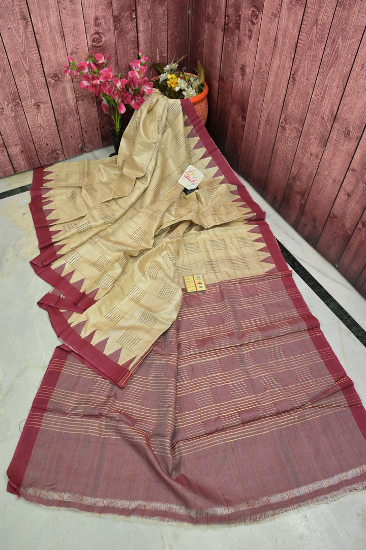 Dark Offwhite Pure Tussar Silk with Zari Checks and Temple Border