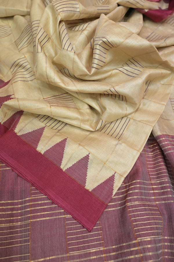 Dark Offwhite Pure Tussar Silk with Zari Checks and Temple Border