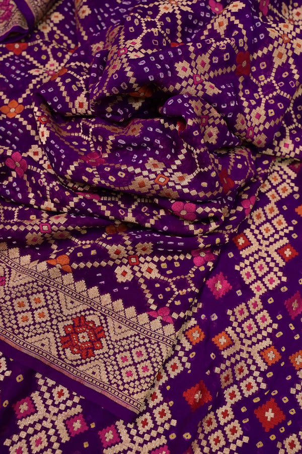 Dark Purple Color Pure Georgette Saree with Allover Meenakari Jaal Weaving and Rai Bandhani Work