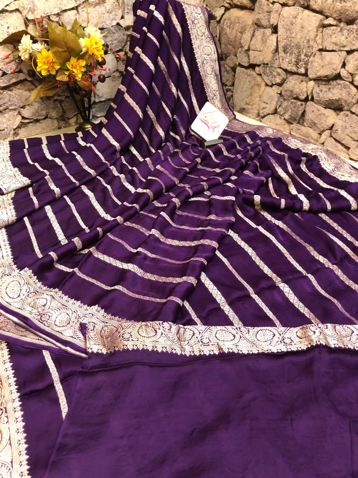 Dark Purple Color Satin Banarasi Saree with Animal Motif Zari Work