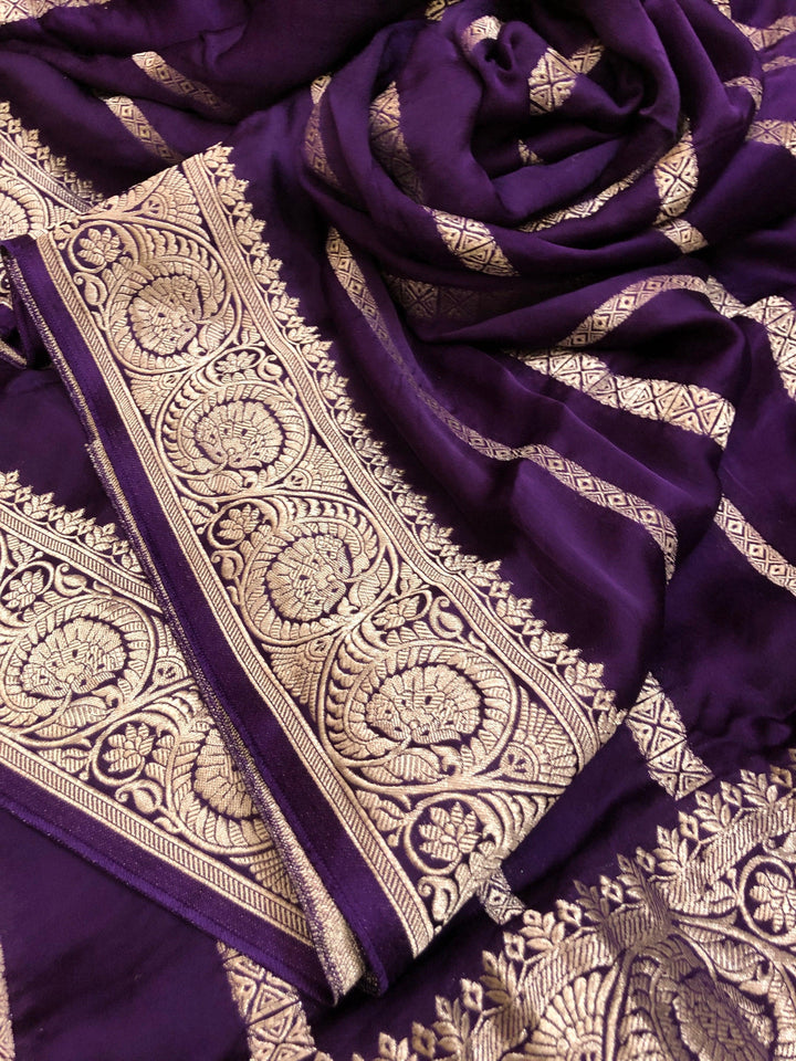Dark Purple Color Satin Banarasi Saree with Animal Motif Zari Work