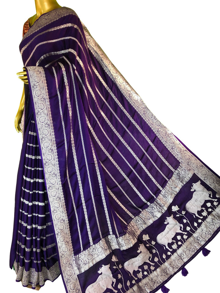 Dark Purple Color Satin Banarasi Saree with Animal Motif Zari Work