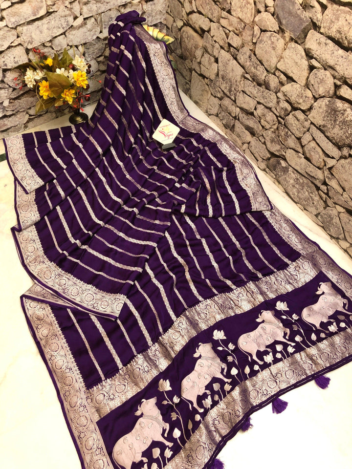 Dark Purple Color Satin Banarasi Saree with Animal Motif Zari Work