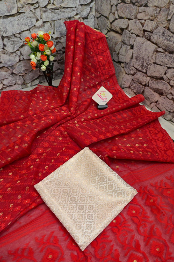 Dark Red Color Jamdani Saree with Brocade Blouse Piece