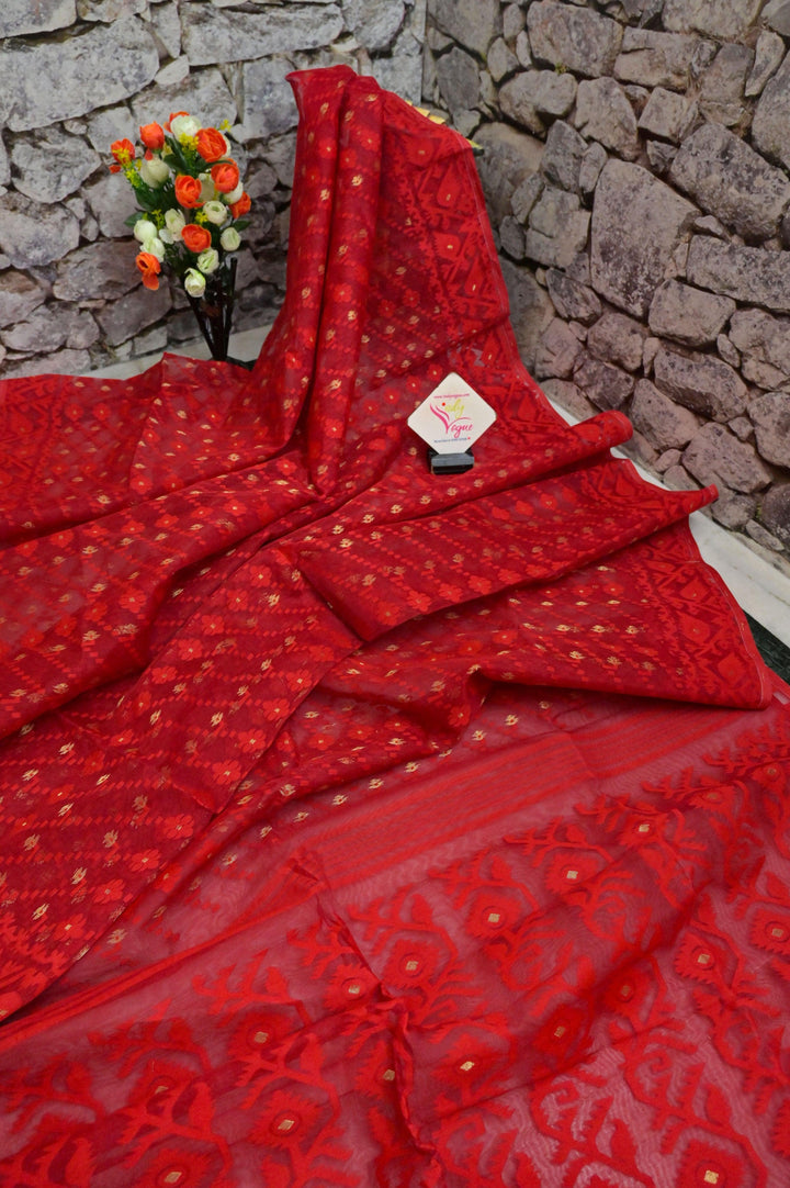 Dark Red Color Jamdani Saree with Brocade Blouse Piece