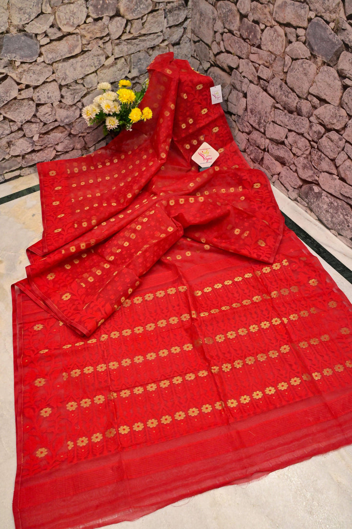 Dark Red Color Jamdani Saree with Chikankari Cotton Blouse