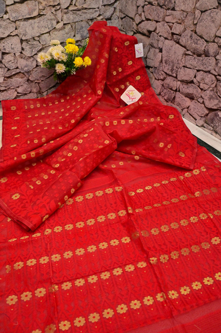 Dark Red Color Jamdani Saree with Chikankari Cotton Blouse