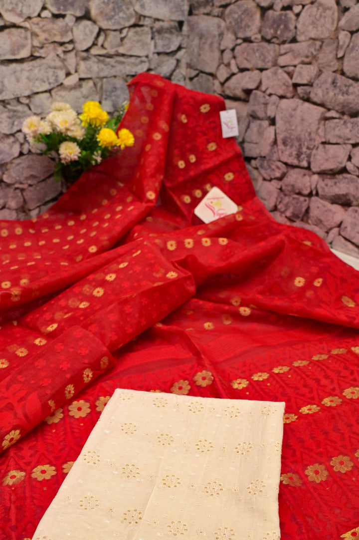 Dark Red Color Jamdani Saree with Chikankari Cotton Blouse