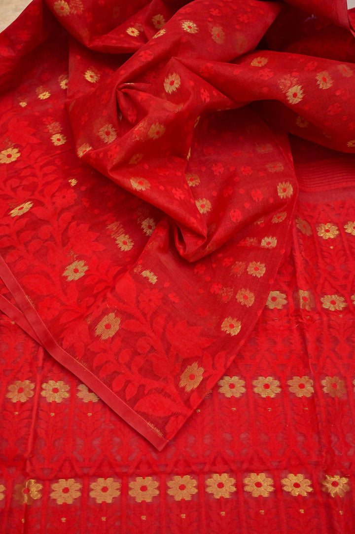 Dark Red Color Jamdani Saree with Chikankari Cotton Blouse