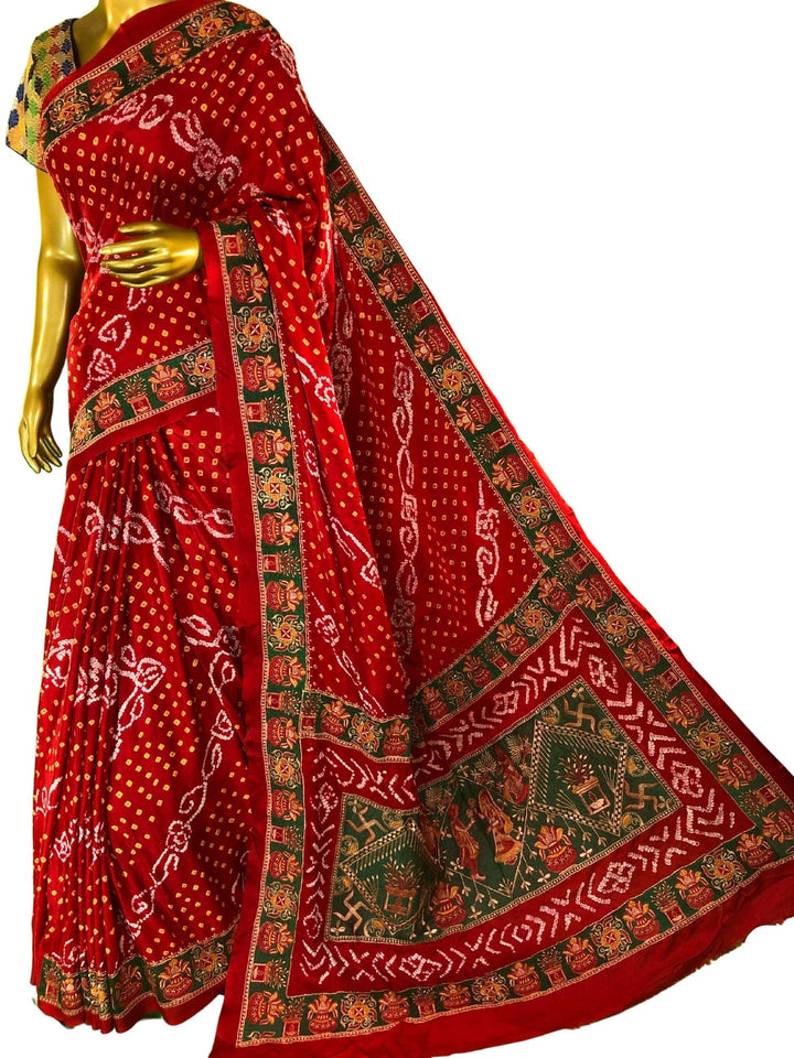 Dark Red Color Pure Ghazi Silk Gharchola saree with Hand Bandhani & Embroidery