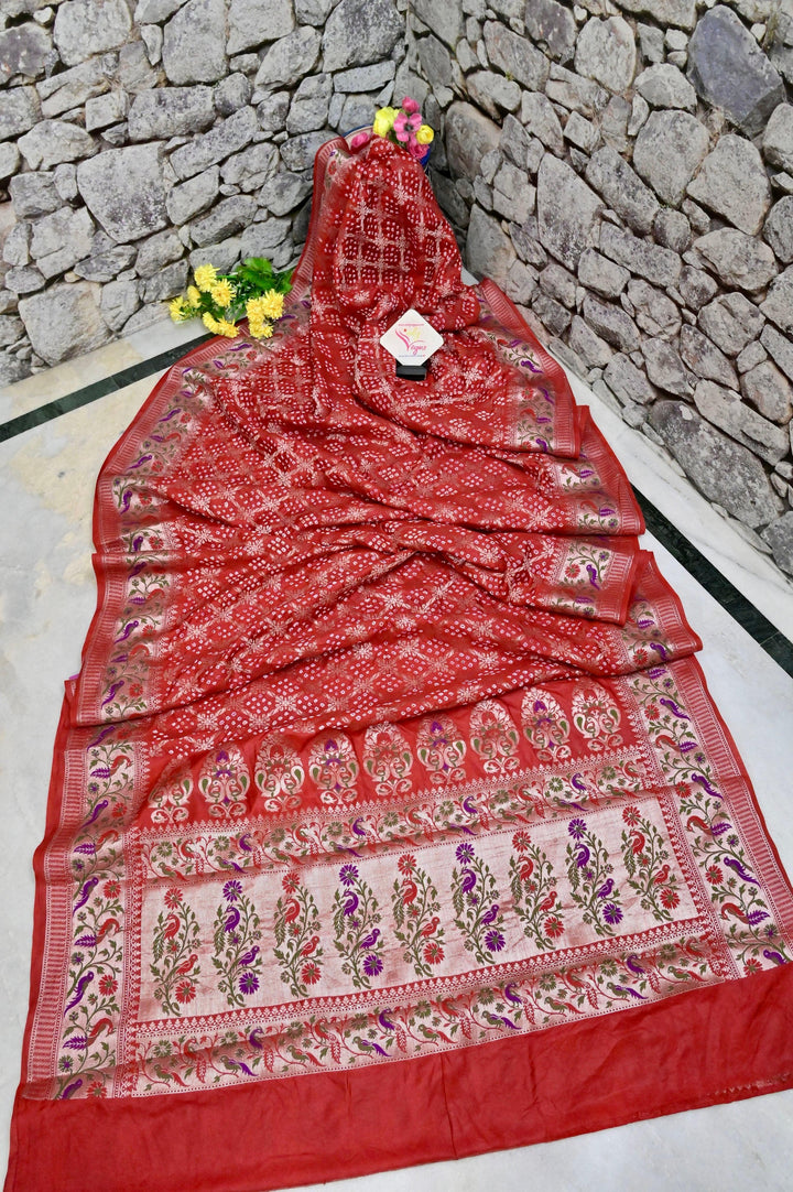 Dark Vermillion Red Color Dupion Silk Saree with Paithani Work and Hand Bandhani