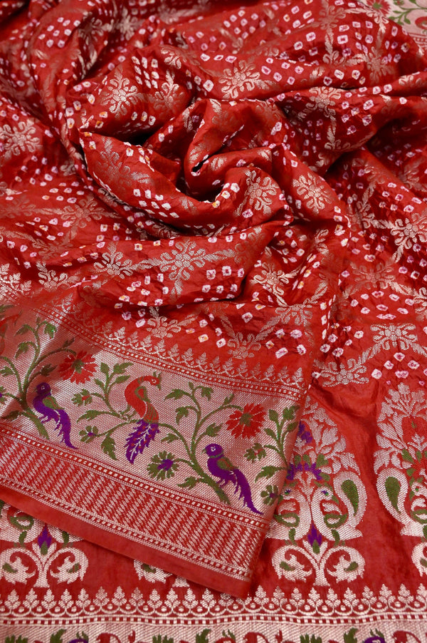 Dark Vermillion Red Color Dupion Silk Saree with Paithani Work and Hand Bandhani