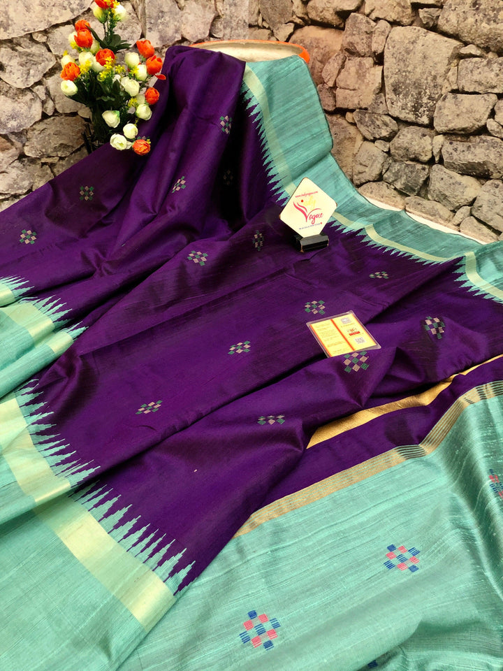 Dark Violet and Sea Green Color Pure Raw Silk Saree