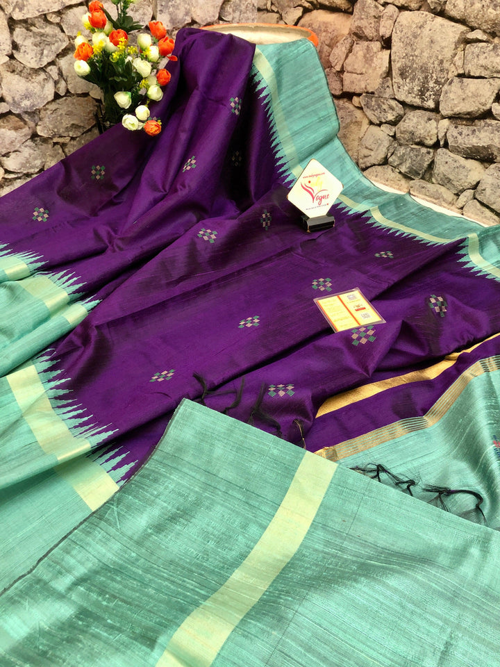 Dark Violet and Sea Green Color Pure Raw Silk Saree