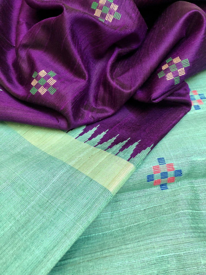 Dark Violet and Sea Green Color Pure Raw Silk Saree