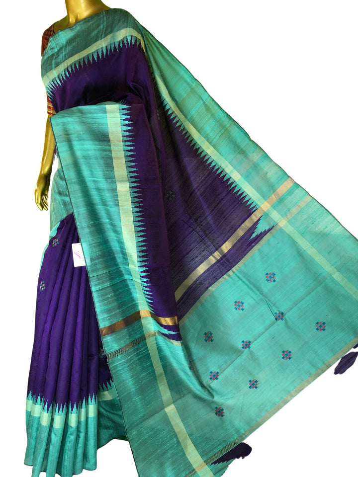 Dark Violet and Sea Green Color Pure Raw Silk Saree