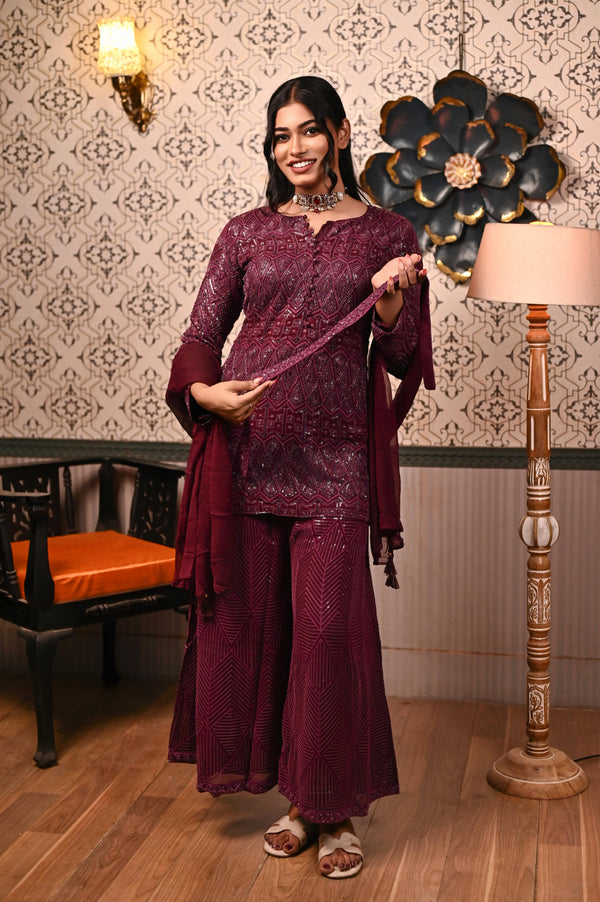 Dark Wine Color Georgette Chikankari Flare Style Sharara Suit Set with Hand Embroidered Work