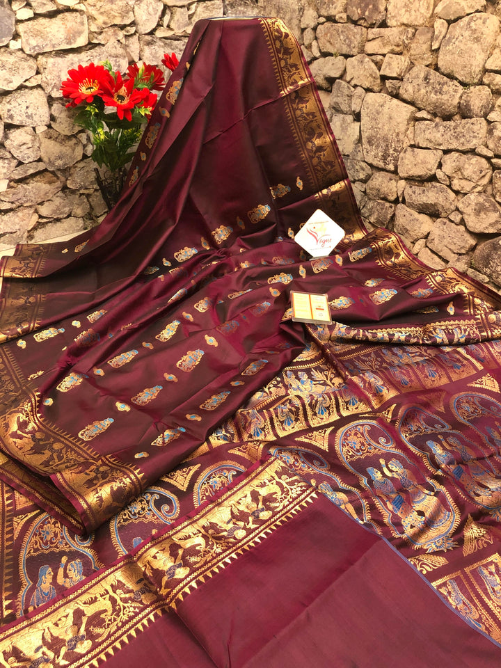 Dark Wine Color Pure Baluchari Silk Saree with Meenakari Work