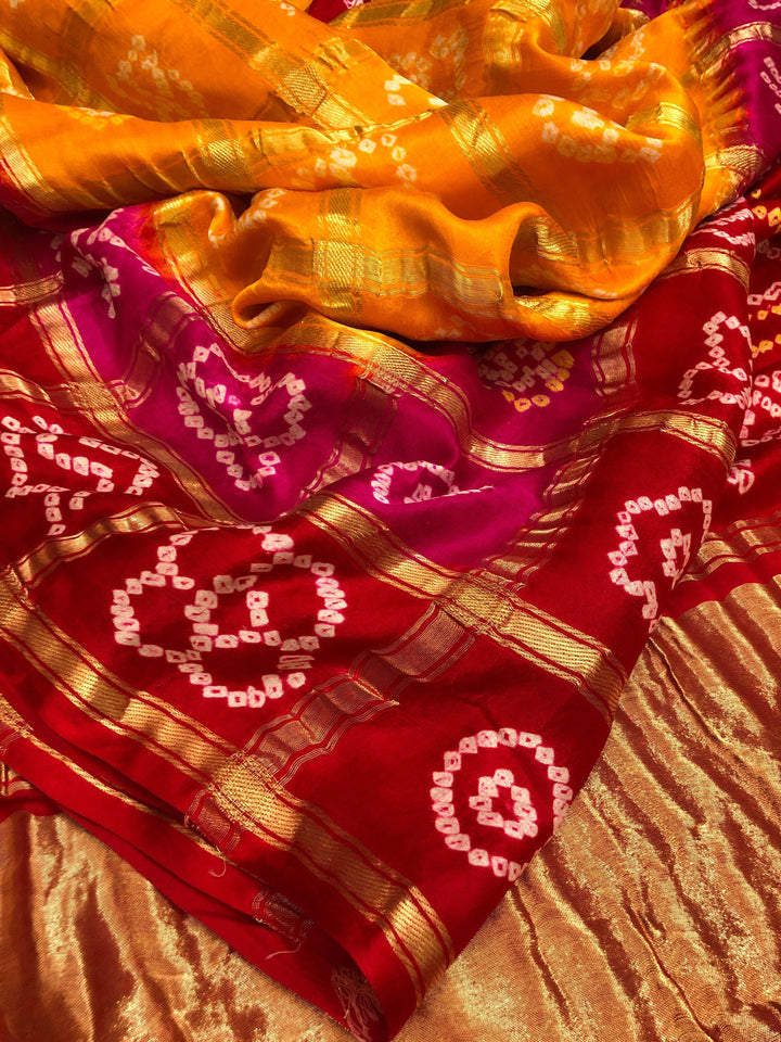 Dark Yellow and Red Color Pure Ghazi Silk Gharchola Saree with Hand Bandhani
