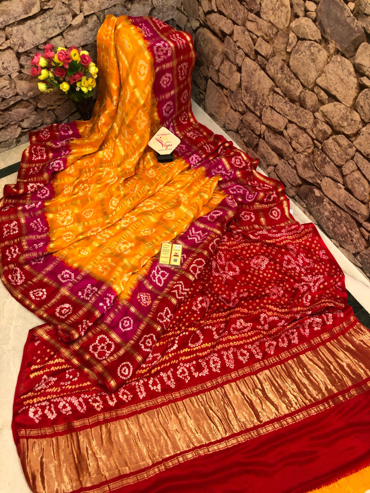 Dark Yellow and Red Color Pure Ghazi Silk Gharchola Saree with Hand Bandhani