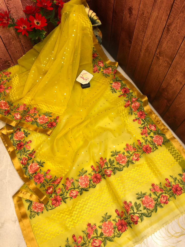 Dark Yellow Color Resham Handloom Saree with Parsi Embroidery and Sequin Weaving