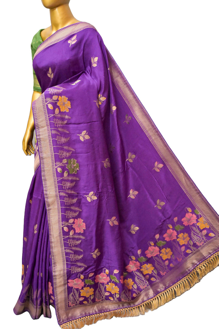 Deep Aubergine Color Muga Banarasi with Meenakari Work and Zari Piping Border