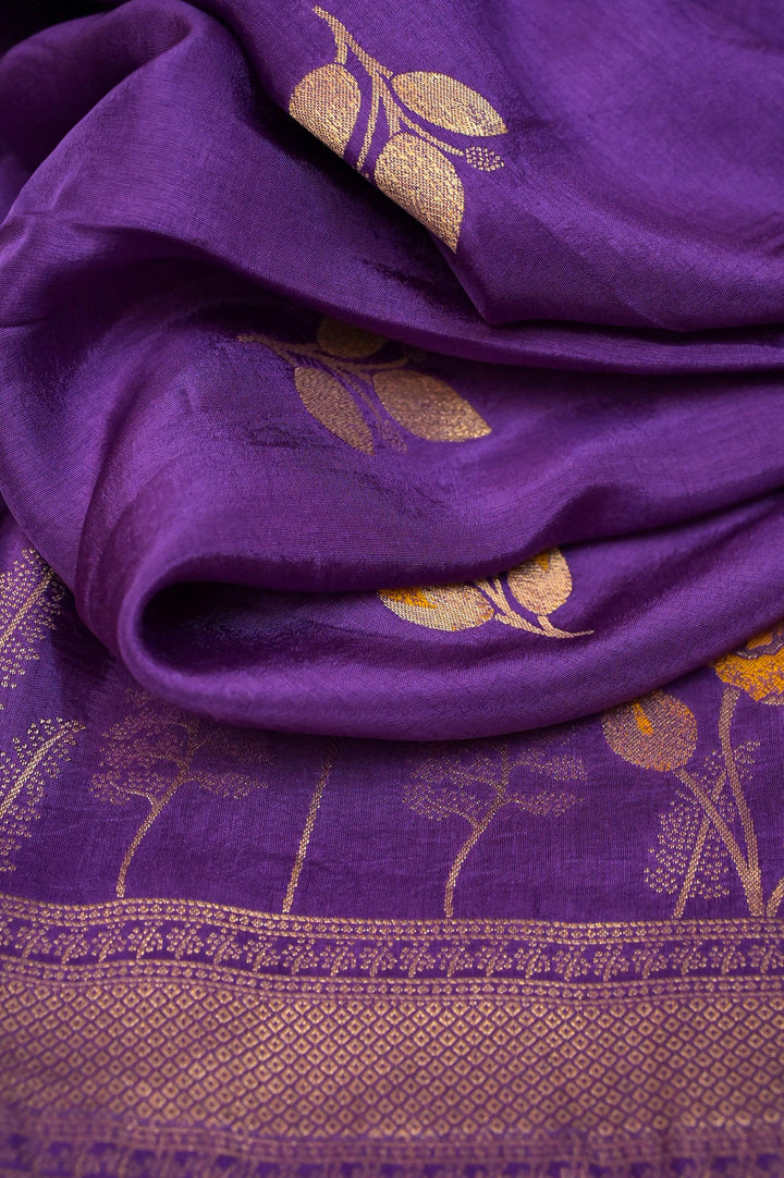 Deep Aubergine Color Muga Banarasi with Meenakari Work and Zari Piping Border