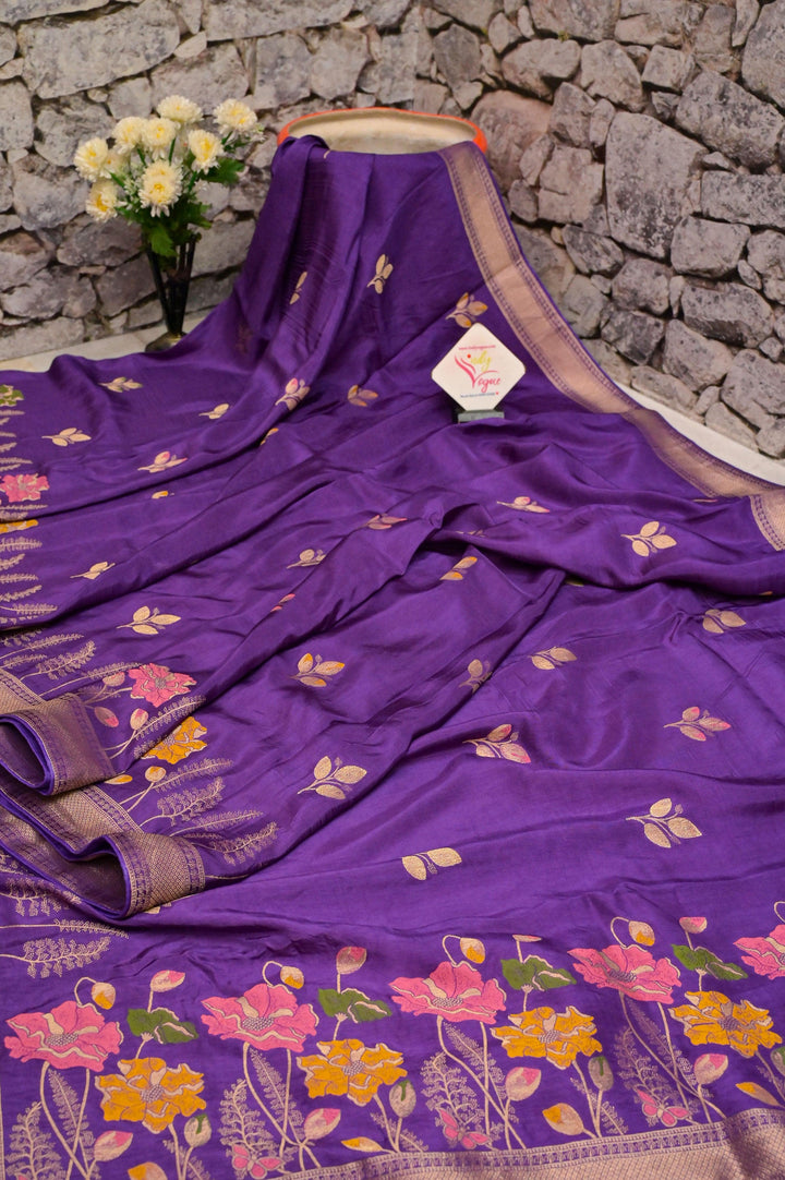 Deep Aubergine Color Muga Banarasi with Meenakari Work and Zari Piping Border