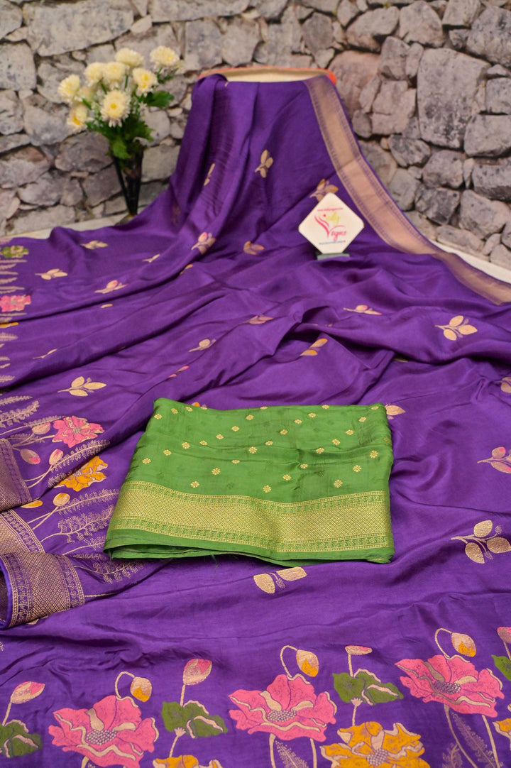 Deep Aubergine Color Muga Banarasi with Meenakari Work and Zari Piping Border