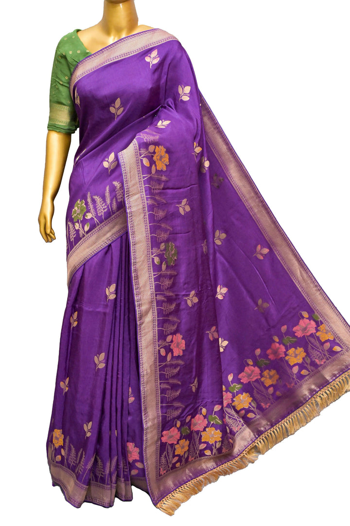 Deep Aubergine Color Muga Banarasi with Meenakari Work and Zari Piping Border