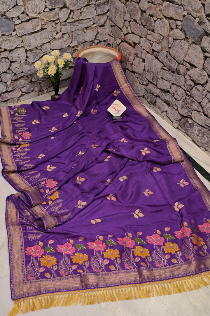 Deep Aubergine Color Muga Banarasi with Meenakari Work and Zari Piping Border