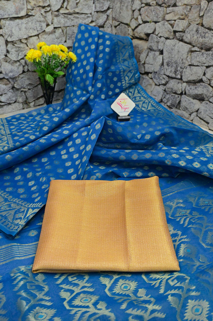 Deep Azure Blue Color Jamdani Saree with Allover Buti Weaving