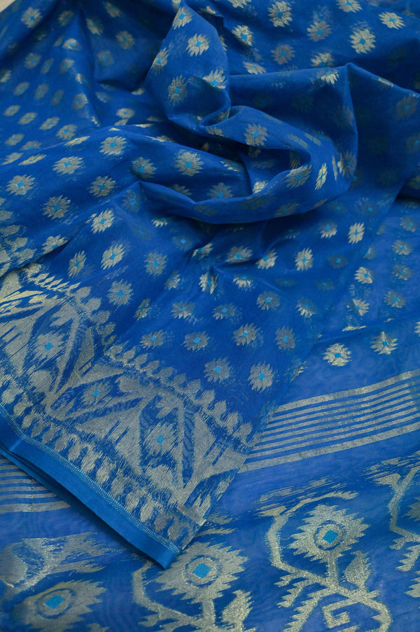 Deep Azure Blue Color Jamdani Saree with Allover Buti Weaving