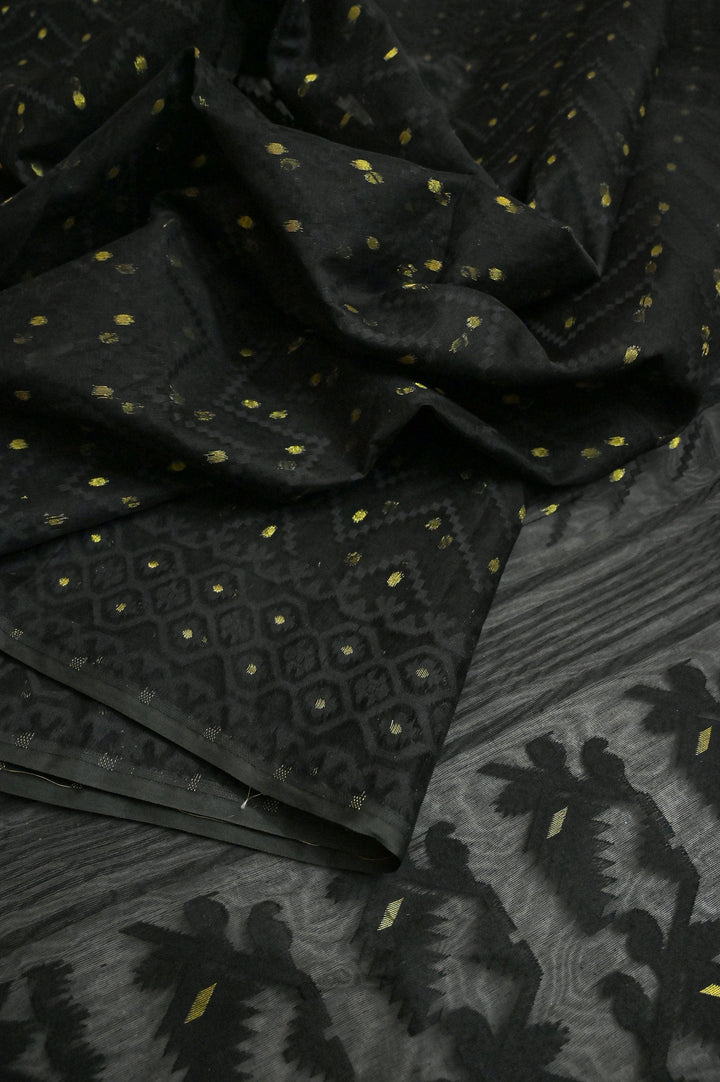 Deep Black Color Jamdani Saree with Embroidered Blouse Piece